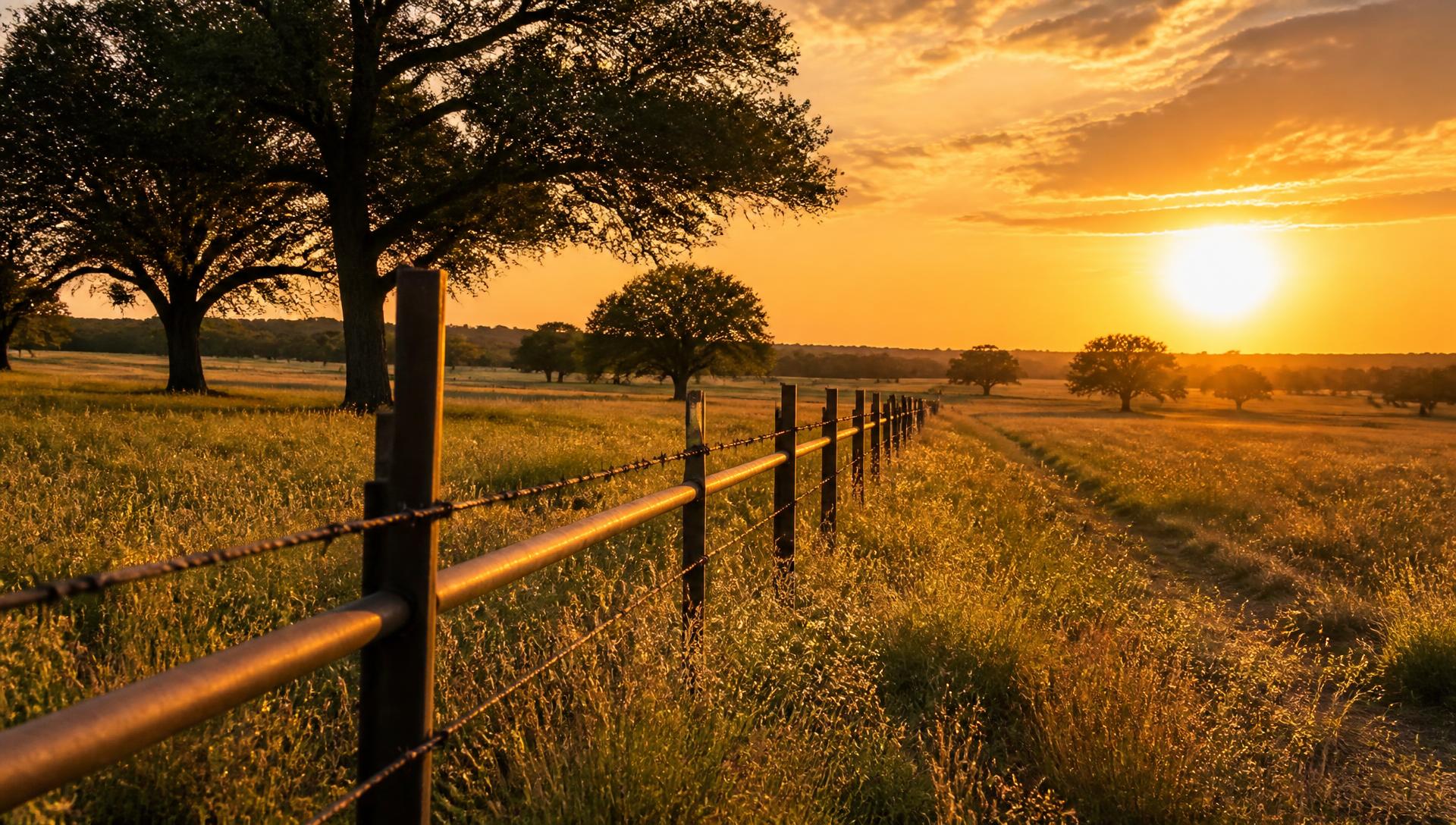 Steel pipe fence line across a Texas pasture at sunset